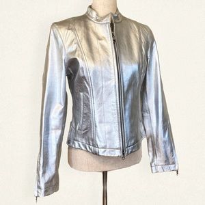 Silver Metallic Genuine Leather Jacket by Wilson Leather Medium Glam Rock Moto